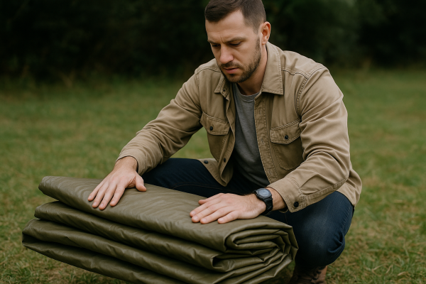 Мужчина складывает тент.