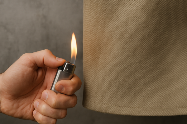 Рука с зажигалкой у брезента.