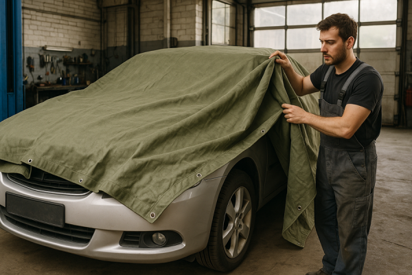 Брезентовый тент на автомобиле в автосервисе.