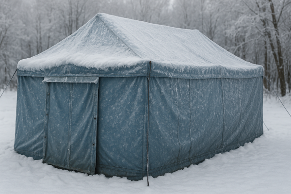 Тент в зимнем лесу.