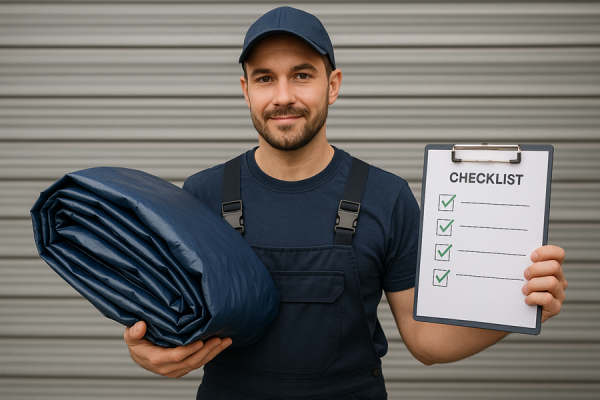 Чеклист и тент в руках у мужчины.