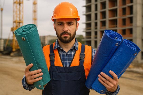 Тенты у строителя в руках.