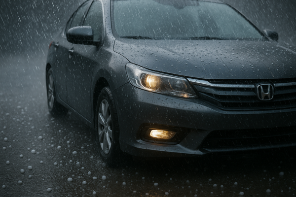 Автомобиль под дождем и градом.