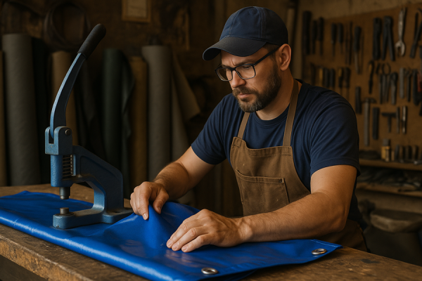 Мастер по пошиву тентов на рабочем месте.