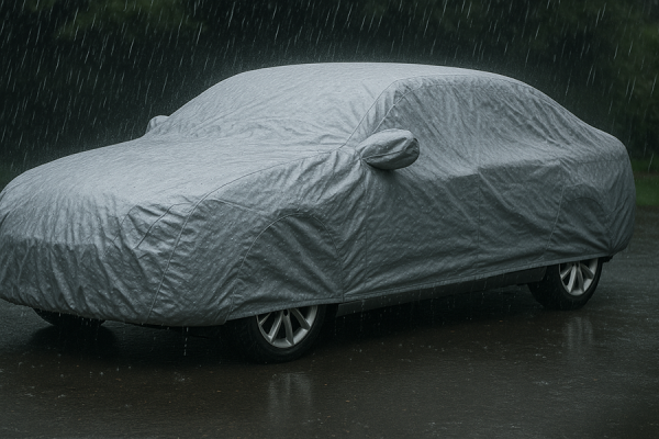 Автомобиль под чехлом от дождя.