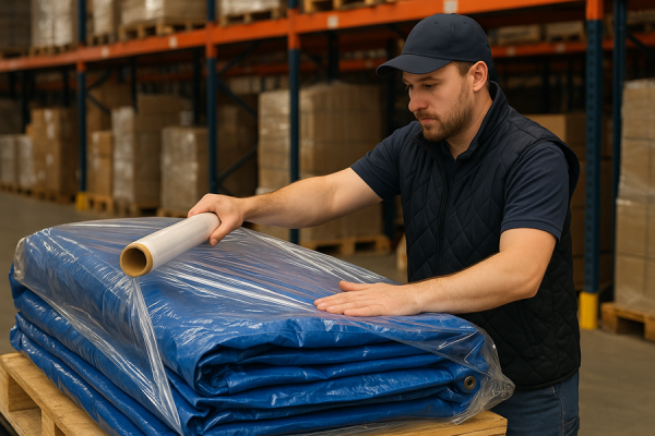 Упаковка большого тента в пленку.